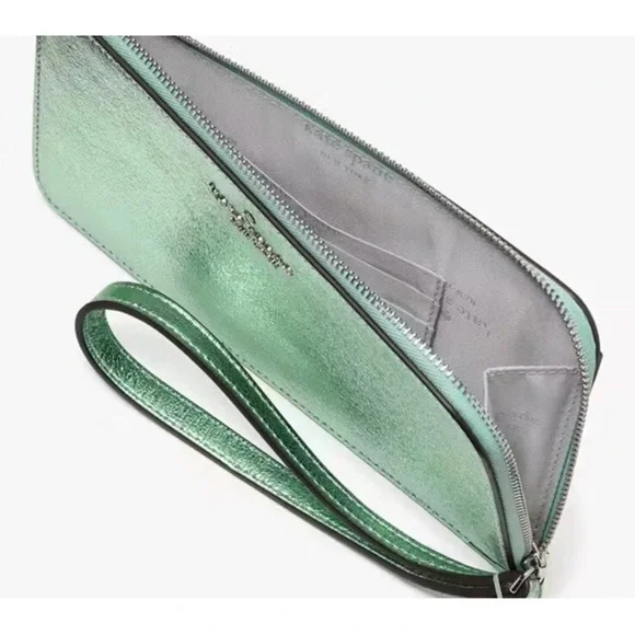 NWT Kate Spade LUCY METALLIC MEDIUM L-ZIP WRISTLET SEAWATER - Picture 12 of 13